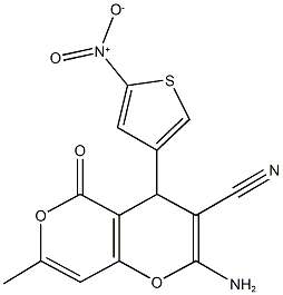 2-amino-4-{5-nitro-3-thienyl}-7-methyl-5-oxo-4H,5H-pyrano[4,3-b]pyran-3-carbonitrile Structure
