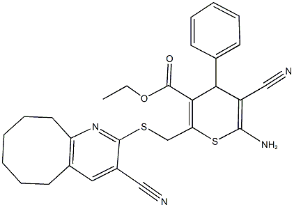 ethyl 6-amino-5-cyano-2-{[(3-cyano-5,6,7,8,9,10-hexahydrocycloocta[b]pyridin-2-yl)sulfanyl]methyl}-4-phenyl-4H-thiopyran-3-carboxylate 구조식 이미지