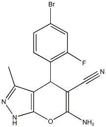 6-amino-4-(4-bromo-2-fluorophenyl)-3-methyl-1,4-dihydropyrano[2,3-c]pyrazole-5-carbonitrile Structure
