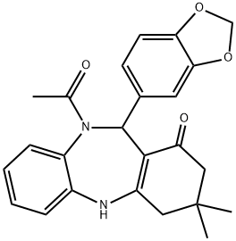 10-acetyl-11-(1,3-benzodioxol-5-yl)-3,3-dimethyl-2,3,4,5,10,11-hexahydro-1H-dibenzo[b,e][1,4]diazepin-1-one 구조식 이미지