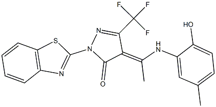 2-(1,3-benzothiazol-2-yl)-4-[1-(2-hydroxy-5-methylanilino)ethylidene]-5-(trifluoromethyl)-2,4-dihydro-3H-pyrazol-3-one 구조식 이미지