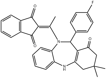 2-{1-[11-(4-fluorophenyl)-3,3-dimethyl-1-oxo-1,2,3,4,5,11-hexahydro-10H-dibenzo[b,e][1,4]diazepin-10-yl]ethylidene}-1H-indene-1,3(2H)-dione 구조식 이미지