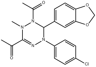 1-[1-acetyl-6-(1,3-benzodioxol-5-yl)-5-(4-chlorophenyl)-2-methyl-1,2,5,6-tetrahydro-1,2,4,5-tetraazin-3-yl]ethanone 구조식 이미지