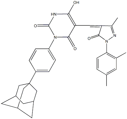 3-[4-(1-adamantyl)phenyl]-5-{[1-(2,4-dimethylphenyl)-3-methyl-5-oxo-1,5-dihydro-4H-pyrazol-4-ylidene]methyl}-6-hydroxy-2,4(1H,3H)-pyrimidinedione 구조식 이미지