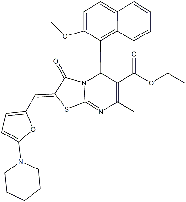 ethyl 5-(2-methoxy-1-naphthyl)-7-methyl-3-oxo-2-{[5-(1-piperidinyl)-2-furyl]methylene}-2,3-dihydro-5H-[1,3]thiazolo[3,2-a]pyrimidine-6-carboxylate Structure