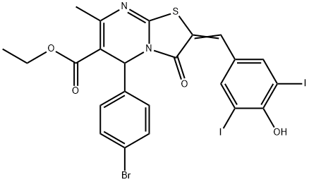 ethyl 5-(4-bromophenyl)-2-(4-hydroxy-3,5-diiodobenzylidene)-7-methyl-3-oxo-2,3-dihydro-5H-[1,3]thiazolo[3,2-a]pyrimidine-6-carboxylate 구조식 이미지