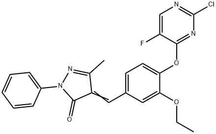 4-{4-[(2-chloro-5-fluoro-4-pyrimidinyl)oxy]-3-ethoxybenzylidene}-5-methyl-2-phenyl-2,4-dihydro-3H-pyrazol-3-one 구조식 이미지