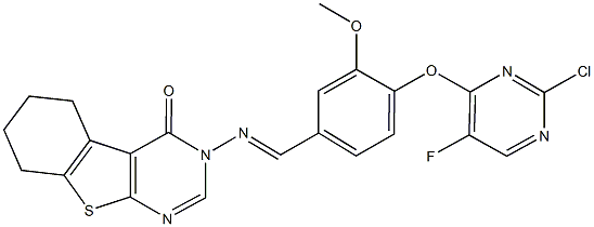3-({4-[(2-chloro-5-fluoro-4-pyrimidinyl)oxy]-3-methoxybenzylidene}amino)-5,6,7,8-tetrahydro[1]benzothieno[2,3-d]pyrimidin-4(3H)-one Structure