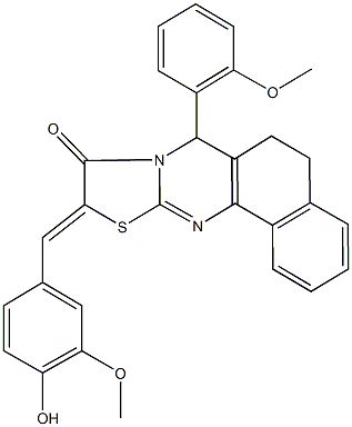 10-(4-hydroxy-3-methoxybenzylidene)-7-(2-methoxyphenyl)-5,7-dihydro-6H-benzo[h][1,3]thiazolo[2,3-b]quinazolin-9(10H)-one Structure