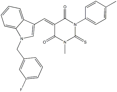 5-{[1-(3-fluorobenzyl)-1H-indol-3-yl]methylene}-1-methyl-3-(4-methylphenyl)-2-thioxodihydro-4,6(1H,5H)-pyrimidinedione 구조식 이미지