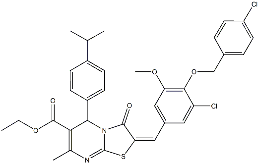 ethyl 2-{3-chloro-4-[(4-chlorobenzyl)oxy]-5-methoxybenzylidene}-5-(4-isopropylphenyl)-7-methyl-3-oxo-2,3-dihydro-5H-[1,3]thiazolo[3,2-a]pyrimidine-6-carboxylate 구조식 이미지