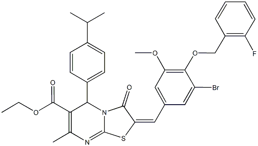 ethyl 2-{3-bromo-4-[(2-fluorobenzyl)oxy]-5-methoxybenzylidene}-5-(4-isopropylphenyl)-7-methyl-3-oxo-2,3-dihydro-5H-[1,3]thiazolo[3,2-a]pyrimidine-6-carboxylate 구조식 이미지