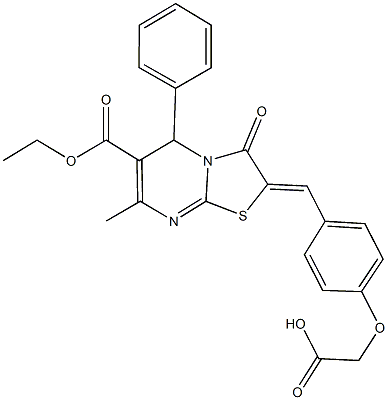 {4-[(6-(ethoxycarbonyl)-7-methyl-3-oxo-5-phenyl-5H-[1,3]thiazolo[3,2-a]pyrimidin-2(3H)-ylidene)methyl]phenoxy}acetic acid 구조식 이미지