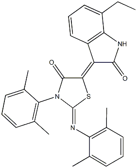 3-{3-(2,6-dimethylphenyl)-2-[(2,6-dimethylphenyl)imino]-4-oxo-1,3-thiazolidin-5-ylidene}-7-ethyl-1,3-dihydro-2H-indol-2-one 구조식 이미지