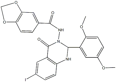 N-(2-(2,5-dimethoxyphenyl)-6-iodo-4-oxo-1,4-dihydro-3(2H)-quinazolinyl)-1,3-benzodioxole-5-carboxamide 구조식 이미지