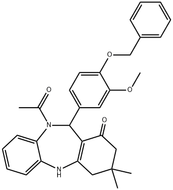 10-acetyl-11-[4-(benzyloxy)-3-methoxyphenyl]-3,3-dimethyl-2,3,4,5,10,11-hexahydro-1H-dibenzo[b,e][1,4]diazepin-1-one Structure