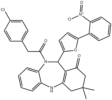 10-[(4-chlorophenyl)acetyl]-11-(5-{2-nitrophenyl}-2-furyl)-3,3-dimethyl-2,3,4,5,10,11-hexahydro-1H-dibenzo[b,e][1,4]diazepin-1-one Structure