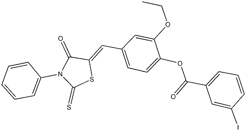 2-ethoxy-4-[(4-oxo-3-phenyl-2-thioxo-1,3-thiazolidin-5-ylidene)methyl]phenyl 3-iodobenzoate Structure