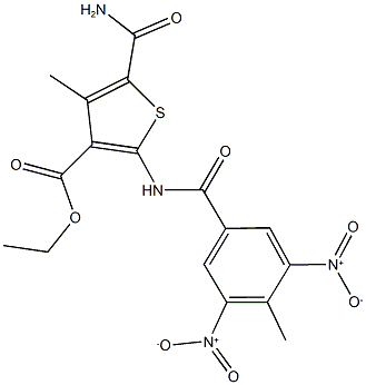 ethyl 5-(aminocarbonyl)-2-({3,5-bisnitro-4-methylbenzoyl}amino)-4-methyl-3-thiophenecarboxylate 구조식 이미지