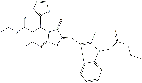 ethyl 2-{[1-(2-ethoxy-2-oxoethyl)-2-methyl-1H-indol-3-yl]methylene}-7-methyl-3-oxo-5-(2-thienyl)-2,3-dihydro-5H-[1,3]thiazolo[3,2-a]pyrimidine-6-carboxylate Structure