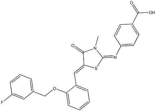4-[(5-{2-[(3-fluorobenzyl)oxy]benzylidene}-3-methyl-4-oxo-1,3-thiazolidin-2-ylidene)amino]benzoic acid 구조식 이미지