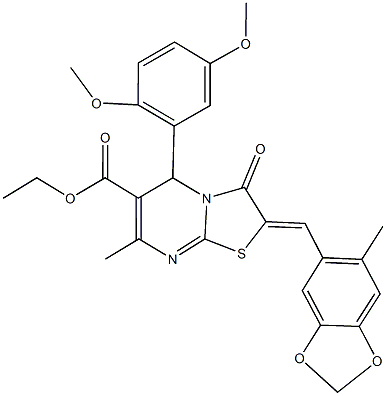ethyl 5-(2,5-dimethoxyphenyl)-7-methyl-2-[(6-methyl-1,3-benzodioxol-5-yl)methylene]-3-oxo-2,3-dihydro-5H-[1,3]thiazolo[3,2-a]pyrimidine-6-carboxylate 구조식 이미지