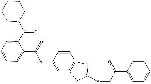 N-{2-[(2-oxo-2-phenylethyl)sulfanyl]-1,3-benzothiazol-6-yl}-2-(1-piperidinylcarbonyl)benzamide 구조식 이미지