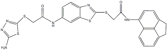 2-[(5-amino-1,3,4-thiadiazol-2-yl)sulfanyl]-N-(2-{[2-(1,2-dihydro-5-acenaphthylenylamino)-2-oxoethyl]sulfanyl}-1,3-benzothiazol-6-yl)acetamide 구조식 이미지