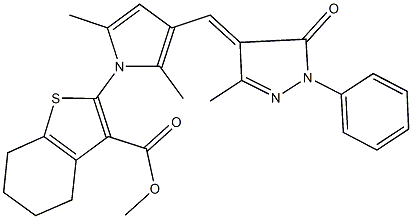 methyl 2-{2,5-dimethyl-3-[(3-methyl-5-oxo-1-phenyl-1,5-dihydro-4H-pyrazol-4-ylidene)methyl]-1H-pyrrol-1-yl}-4,5,6,7-tetrahydro-1-benzothiophene-3-carboxylate 구조식 이미지