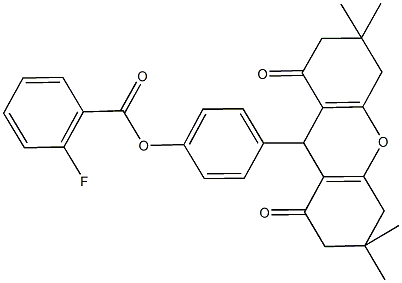 4-(3,3,6,6-tetramethyl-1,8-dioxo-2,3,4,5,6,7,8,9-octahydro-1H-xanthen-9-yl)phenyl 2-fluorobenzoate 구조식 이미지