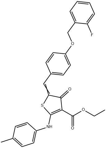 ethyl 5-{4-[(2-fluorobenzyl)oxy]benzylidene}-4-oxo-2-(4-toluidino)-4,5-dihydro-3-thiophenecarboxylate 구조식 이미지