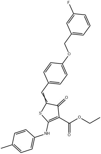 ethyl 5-{4-[(3-fluorobenzyl)oxy]benzylidene}-4-oxo-2-(4-toluidino)-4,5-dihydro-3-thiophenecarboxylate 구조식 이미지