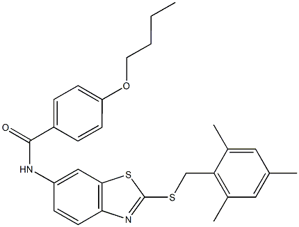 4-butoxy-N-{2-[(mesitylmethyl)sulfanyl]-1,3-benzothiazol-6-yl}benzamide Structure