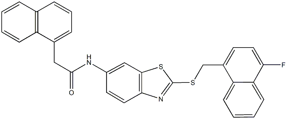 N-(2-{[(4-fluoro-1-naphthyl)methyl]sulfanyl}-1,3-benzothiazol-6-yl)-2-(1-naphthyl)acetamide 구조식 이미지