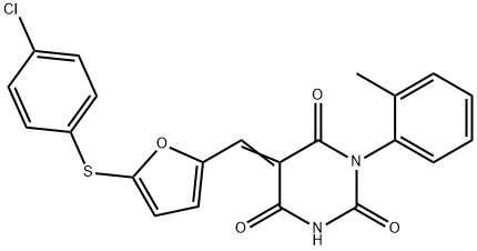 5-({5-[(4-chlorophenyl)sulfanyl]-2-furyl}methylene)-1-(2-methylphenyl)-2,4,6(1H,3H,5H)-pyrimidinetrione Structure
