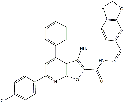 3-amino-N'-(1,3-benzodioxol-5-ylmethylene)-6-(4-chlorophenyl)-4-phenylfuro[2,3-b]pyridine-2-carbohydrazide 구조식 이미지