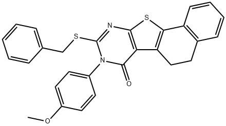 9-(benzylsulfanyl)-8-(4-methoxyphenyl)-5,8-dihydronaphtho[2',1':4,5]thieno[2,3-d]pyrimidin-7(6H)-one 구조식 이미지