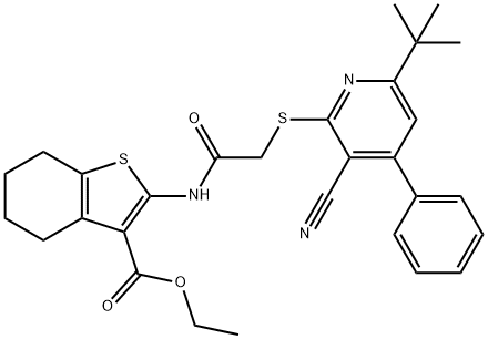 ethyl 2-({[(6-tert-butyl-3-cyano-4-phenyl-2-pyridinyl)sulfanyl]acetyl}amino)-4,5,6,7-tetrahydro-1-benzothiophene-3-carboxylate 구조식 이미지