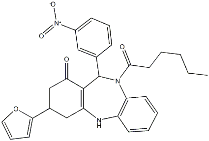 3-(2-furyl)-10-hexanoyl-11-{3-nitrophenyl}-2,3,4,5,10,11-hexahydro-1H-dibenzo[b,e][1,4]diazepin-1-one Structure