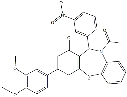 10-acetyl-3-(3,4-dimethoxyphenyl)-11-{3-nitrophenyl}-2,3,4,5,10,11-hexahydro-1H-dibenzo[b,e][1,4]diazepin-1-one Structure