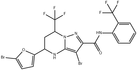 3-bromo-5-(5-bromo-2-furyl)-7-(trifluoromethyl)-N-[2-(trifluoromethyl)phenyl]-4,5,6,7-tetrahydropyrazolo[1,5-a]pyrimidine-2-carboxamide 구조식 이미지