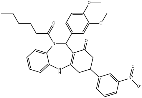 11-(3,4-dimethoxyphenyl)-10-hexanoyl-3-{3-nitrophenyl}-2,3,4,5,10,11-hexahydro-1H-dibenzo[b,e][1,4]diazepin-1-one Structure