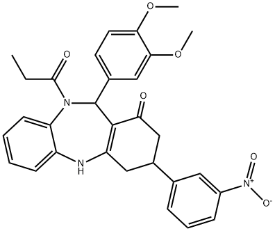 11-(3,4-dimethoxyphenyl)-3-{3-nitrophenyl}-10-propionyl-2,3,4,5,10,11-hexahydro-1H-dibenzo[b,e][1,4]diazepin-1-one 구조식 이미지