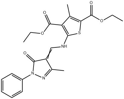 diethyl 3-methyl-5-{[(3-methyl-5-oxo-1-phenyl-1,5-dihydro-4H-pyrazol-4-ylidene)methyl]amino}-2,4-thiophenedicarboxylate 구조식 이미지