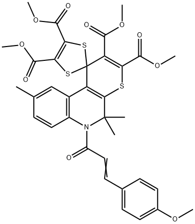 tetramethyl 6'-[3-(4-methoxyphenyl)acryloyl]-5',5',9'-trimethyl-5',6'-dihydrospiro[1,3-dithiole-2,1'-(1'H)-thiopyrano[2,3-c]quinoline]-2',3',4,5-tetracarboxylate Structure