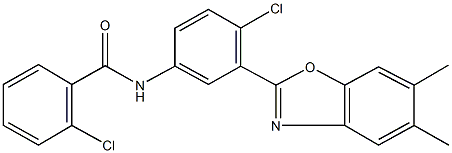 2-chloro-N-[4-chloro-3-(5,6-dimethyl-1,3-benzoxazol-2-yl)phenyl]benzamide 구조식 이미지