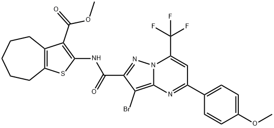 methyl 2-({[3-bromo-5-(4-methoxyphenyl)-7-(trifluoromethyl)pyrazolo[1,5-a]pyrimidin-2-yl]carbonyl}amino)-5,6,7,8-tetrahydro-4H-cyclohepta[b]thiophene-3-carboxylate 구조식 이미지
