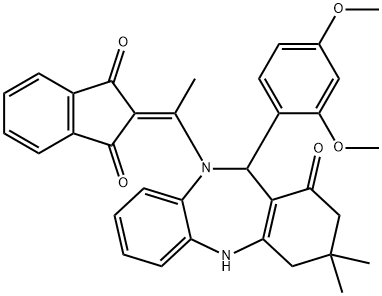 2-{1-[11-(2,4-dimethoxyphenyl)-3,3-dimethyl-1-oxo-1,2,3,4,5,11-hexahydro-10H-dibenzo[b,e][1,4]diazepin-10-yl]ethylidene}-1H-indene-1,3(2H)-dione Structure