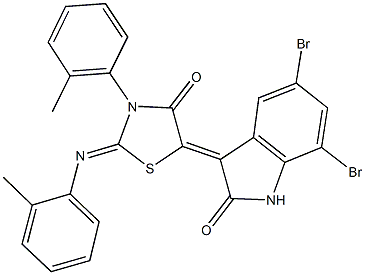 5,7-dibromo-3-{3-(2-methylphenyl)-2-[(2-methylphenyl)imino]-4-oxo-1,3-thiazolidin-5-ylidene}-1,3-dihydro-2H-indol-2-one Structure