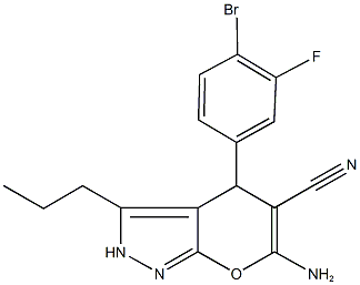 6-amino-4-(4-bromo-3-fluorophenyl)-3-propyl-2,4-dihydropyrano[2,3-c]pyrazole-5-carbonitrile Structure